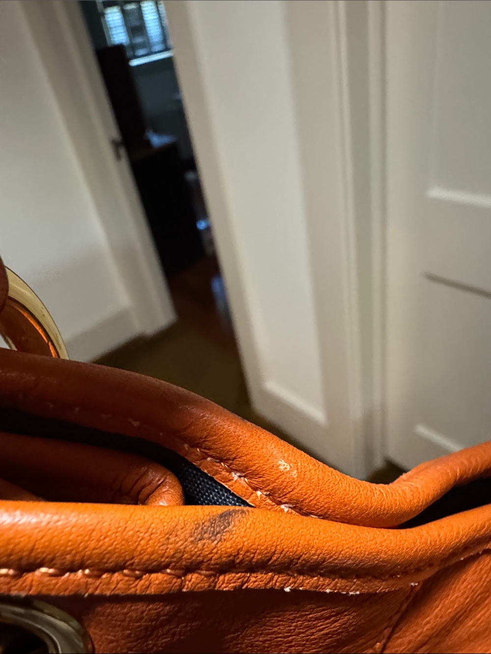 Burnt Orange Leather Shoulder Bag with Embossed Round Logo - Picture 11 of 12